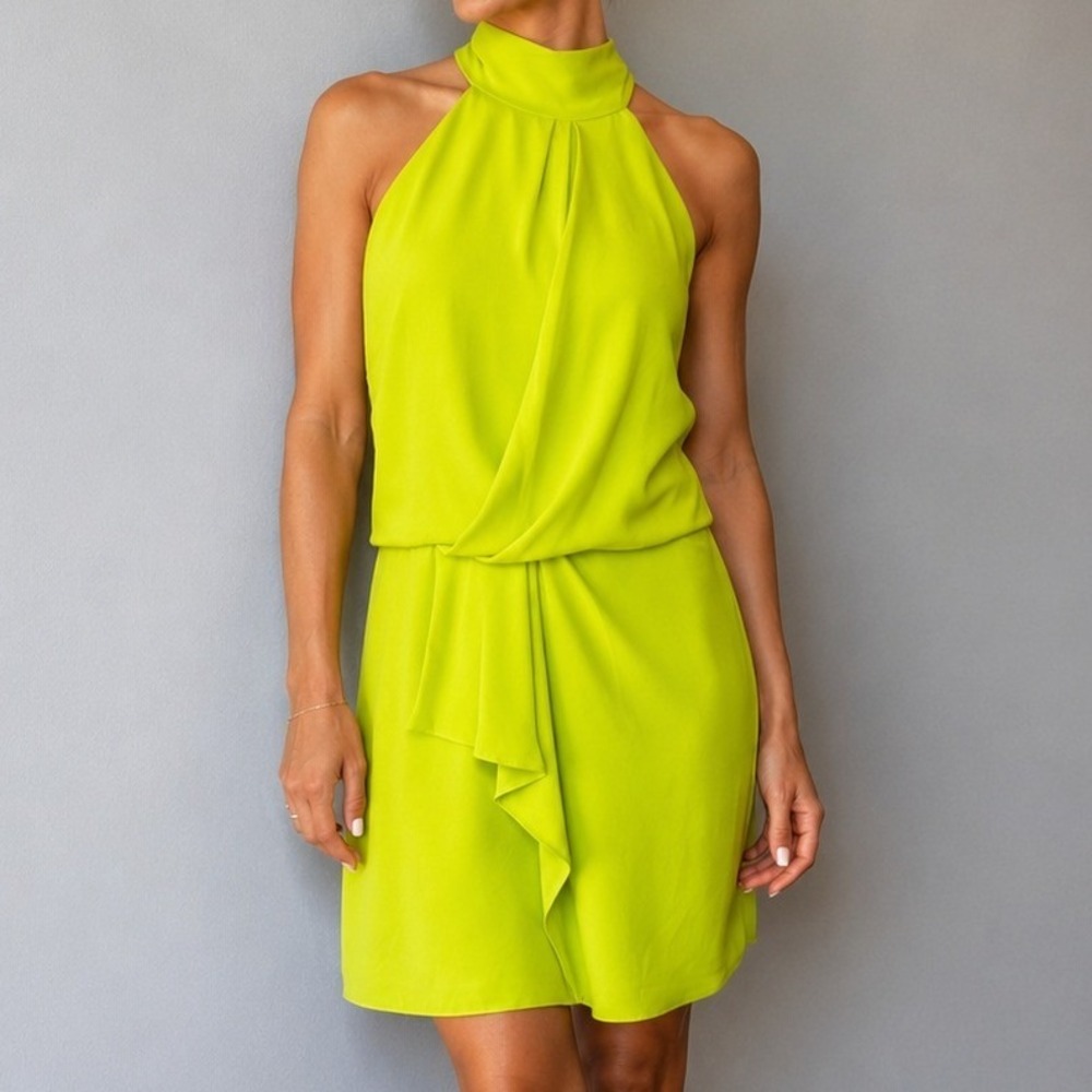 Halston Heritage Lime Green Halter Neck Draped Ruffle Mini Dress Tie Back Size 6